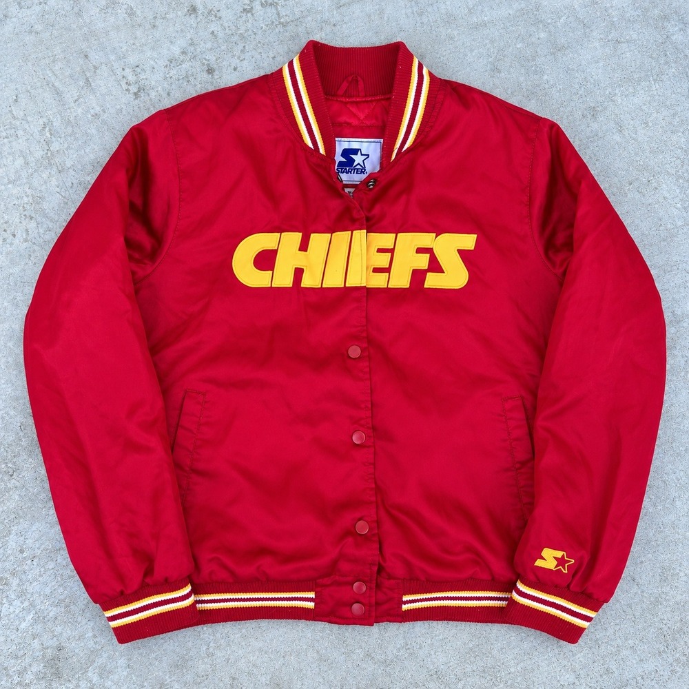 Starter Kansas City Chiefs Varsity Jacket Womens Small Red Y2K Satin Rhinestone
